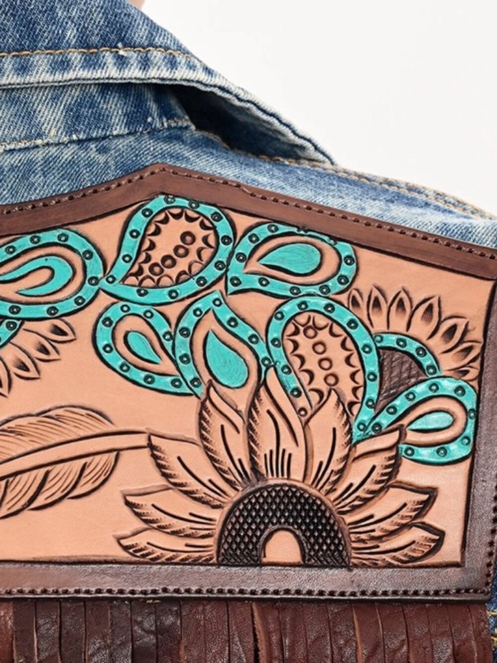 Western Denim Jacket with Tooled Sunflower Yoke & Turquoise Feather Fringe Med - Picture 5 of 5